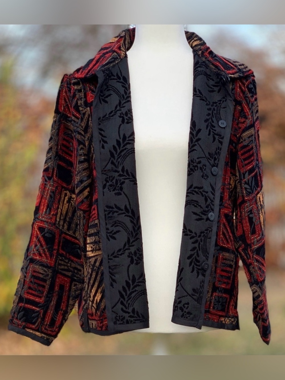 Coldwater Creek Red, Black & Gold Chenille Reversible Tapestry Jacket PM